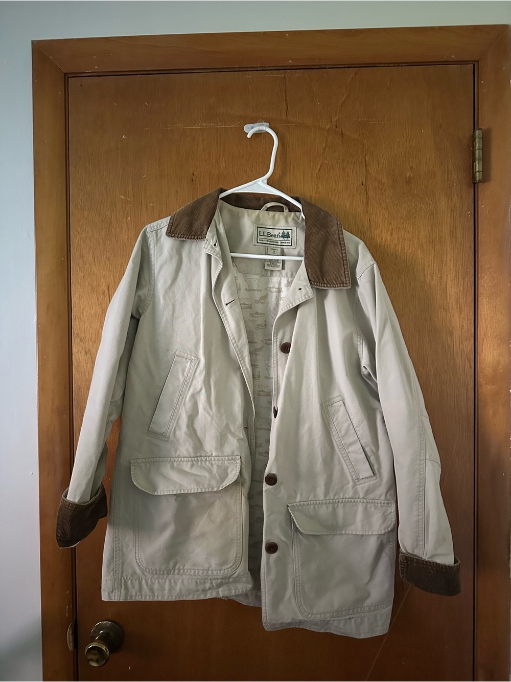 L.L. Bean Light Tan Barn Coat with Brown Corduroy Trim